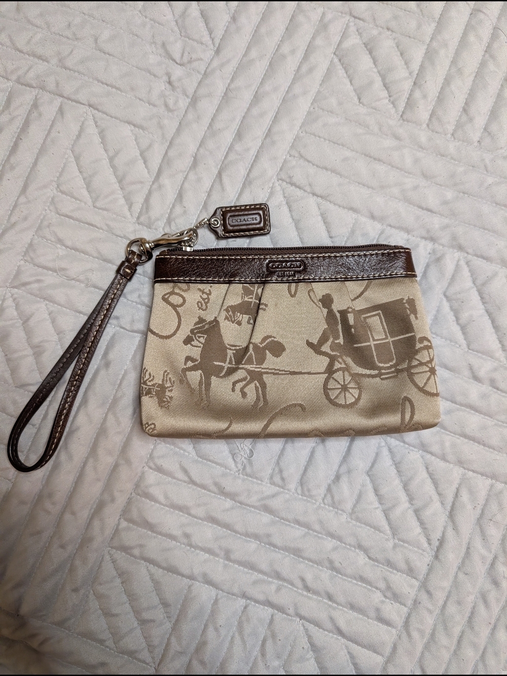 Coach Beige Canvas Horse & Carriage Wristlet with Brown Leather Trim
